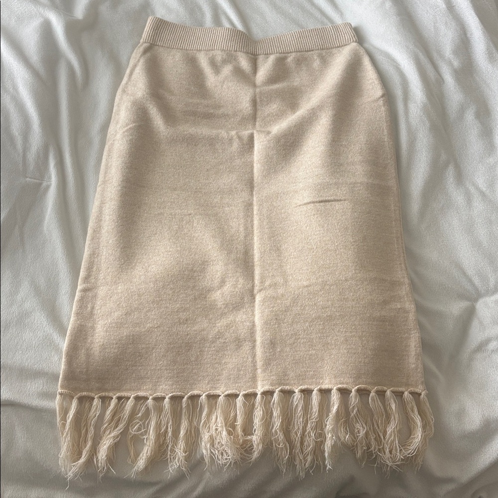 Fringed Knit Pencil Skirt in Light Beige